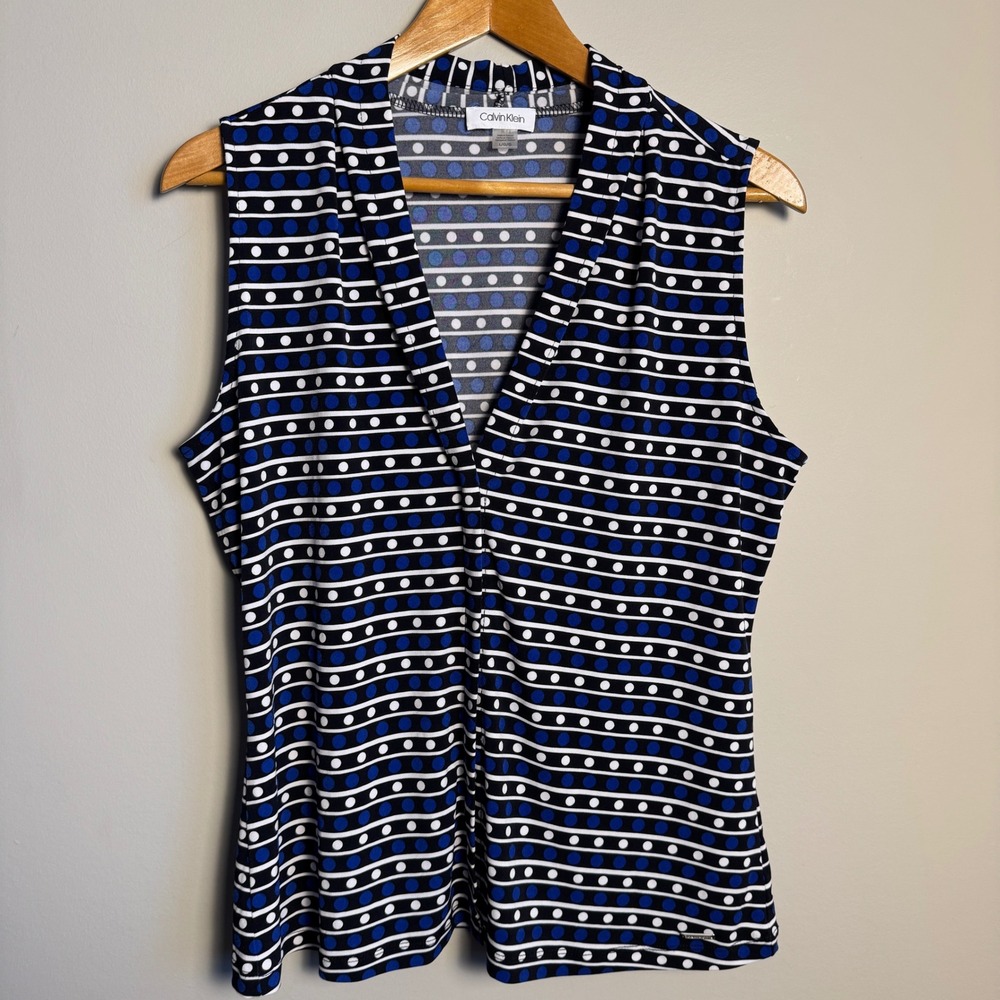 Calvin Klein Women's Sleeveless V-Neck Polka Dot Stripe Blouse Size Large Office